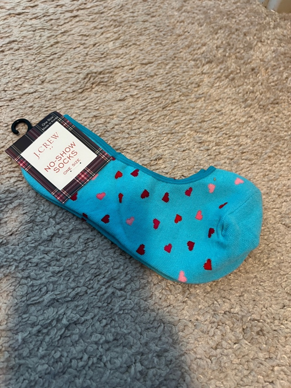 J. Crew Bright Turquoise No-Show Socks with Pink & Red Hearts